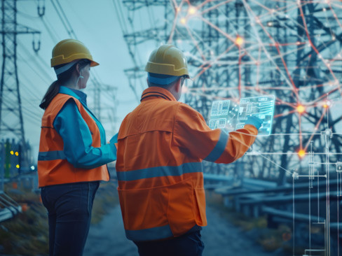 Engineers oversee power grid at twilight via digital connections for efficiency, safety, and reliability