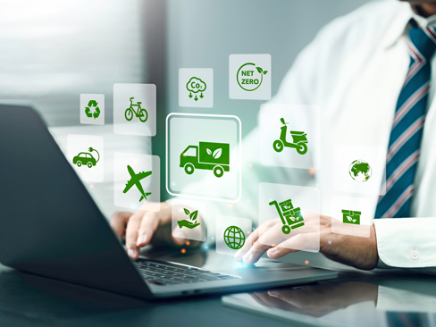 Green logistics or Sustainable transport. Business sustainable strategy for global shipment or cargo shipping. Air, sea, and land transportation with clean energy process to Net zero carbon emission