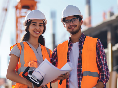 two young construction workers are smiling at the camera