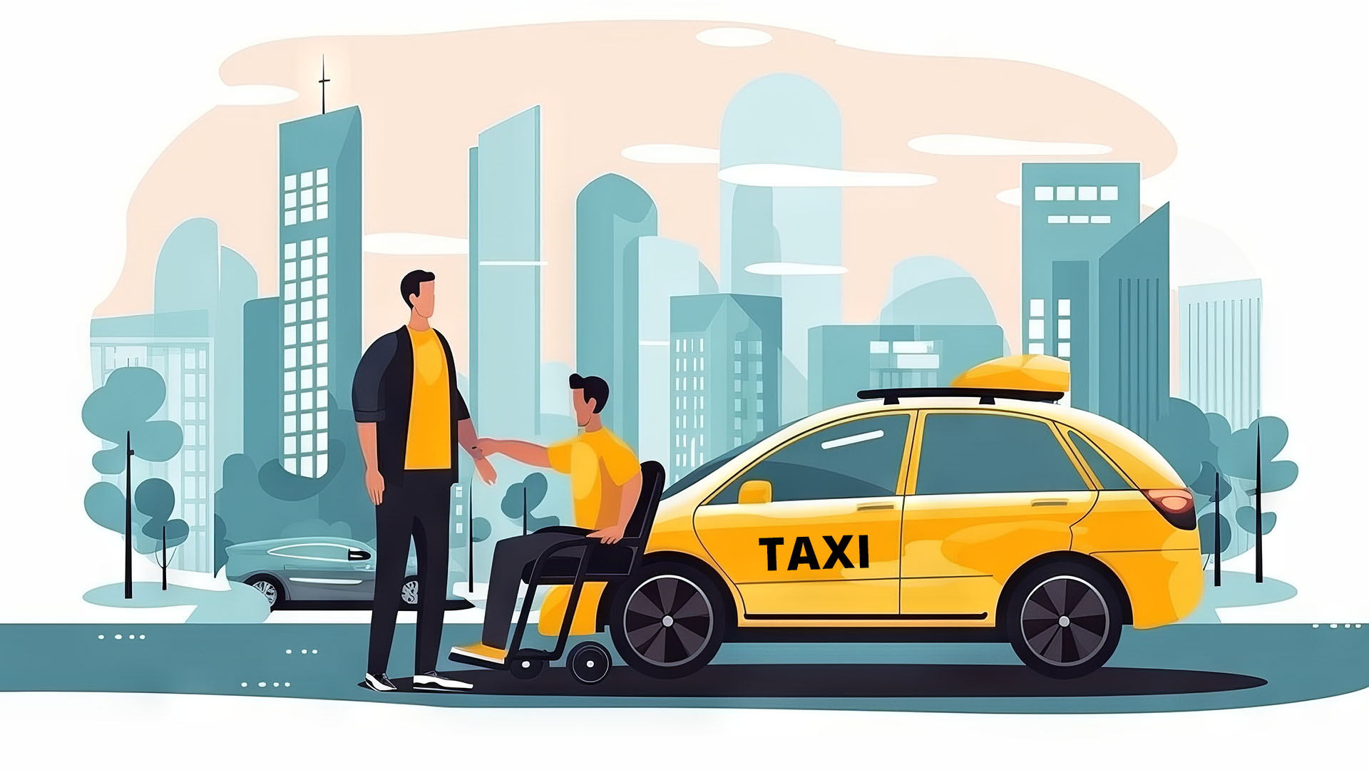Taxi Driver Help Disabled Person on Wheelchair to enter Transport. Cab Driver Character Assisting Invalid Man To Get Into Accessible City Public Vehicle. Cartoon People Vector Illustration,Taxi Driver Help Disabled Person on Wheelchair to enter Transpor
